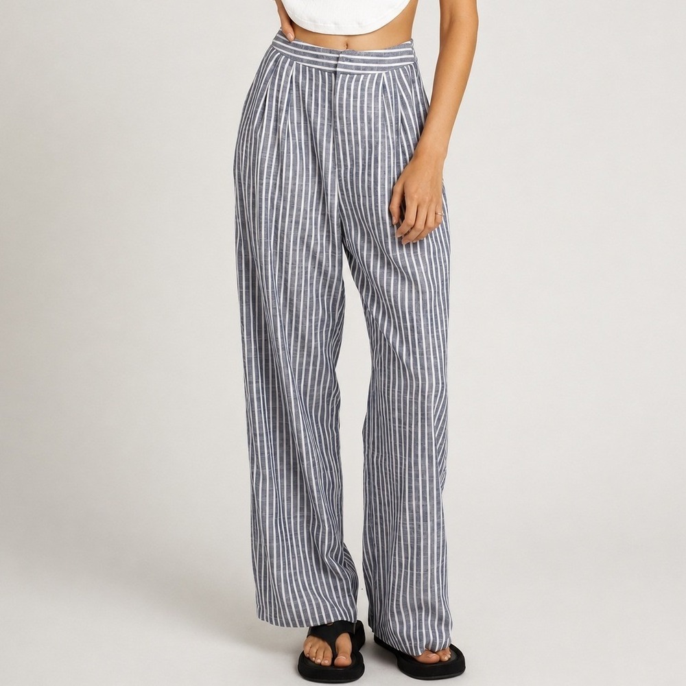 DISSH Indigo White Striped Linen Pleated Trouser Pants Wide Leg Size 8